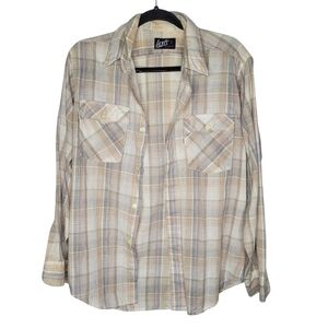 Vintage 80s Levis White Tag Plaid Button Down Shirt Size Medium Tan Blue